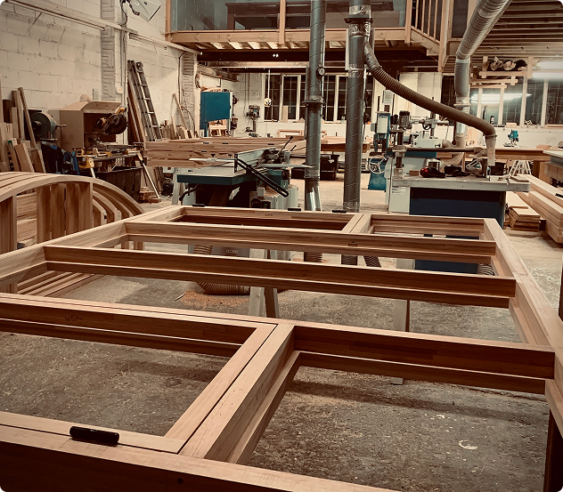 Timber window frames in a workshop