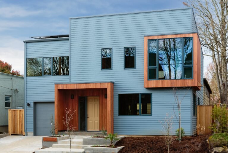 Modern house with timber cladding and blue window frames