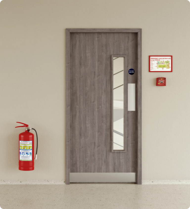 A fire door and an extinguisher
